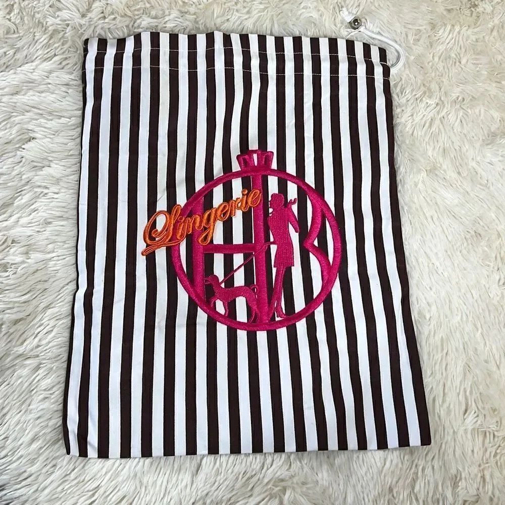 Henri Bendel Striped Embroidered Lingerie Dust/Travel Drawstring Bag Black White